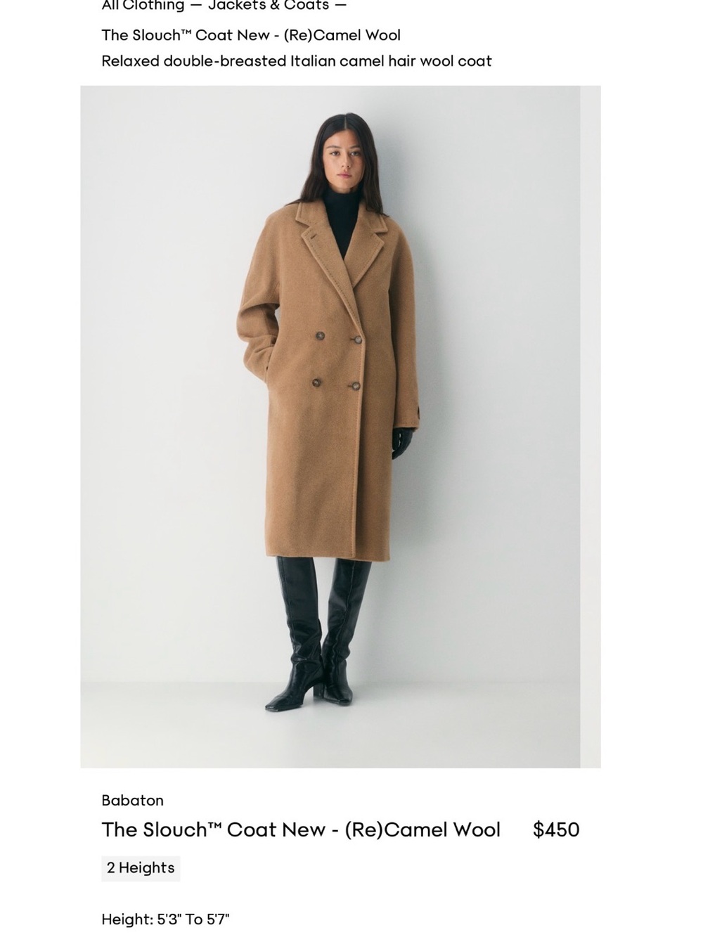 Babaton Slouch Coat XXS Double-Breasted camel hair and virgin Wool in cocoa sand